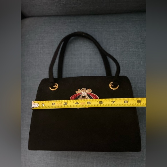 Vintage 2 Pieces Black Suede Leather Top Handle Handbag Gold Hardware Bee Accent - Picture 12 of 16